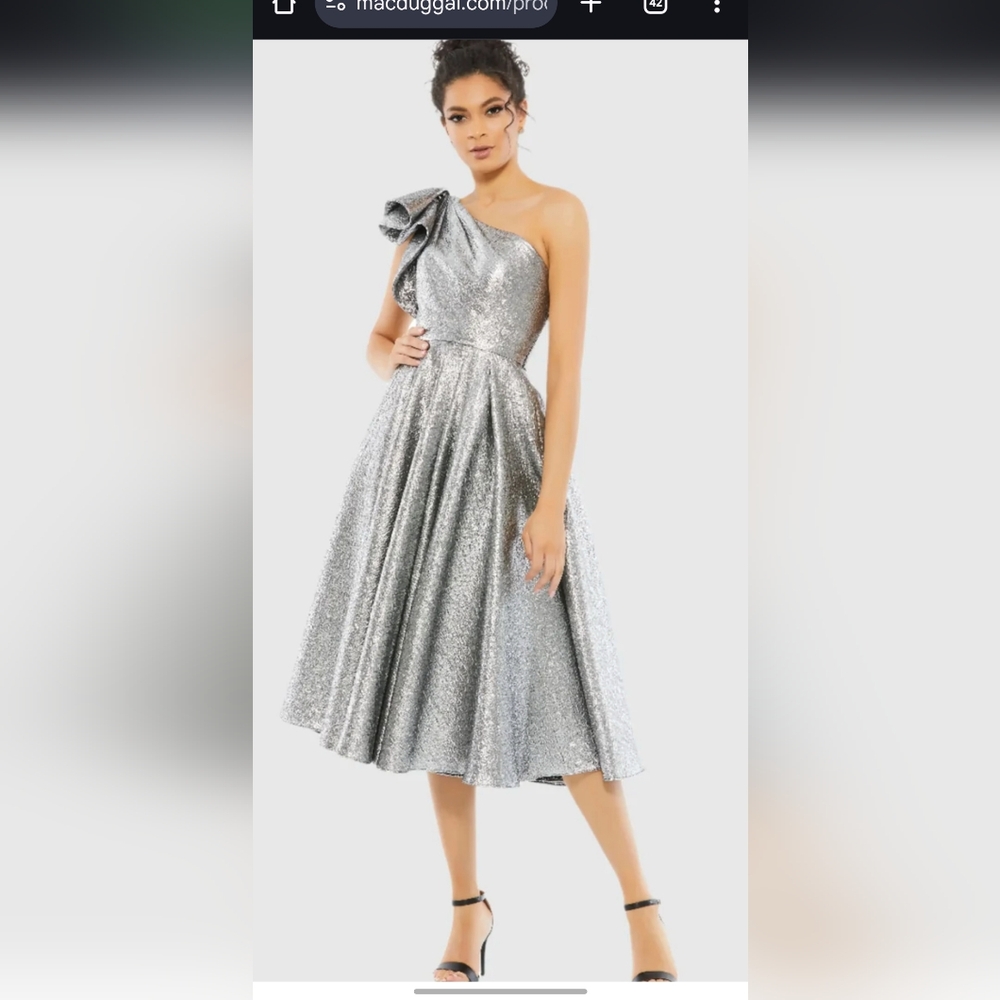 Mac Duggal Silver One Shoulder Bow Midi Dress. Style #67906